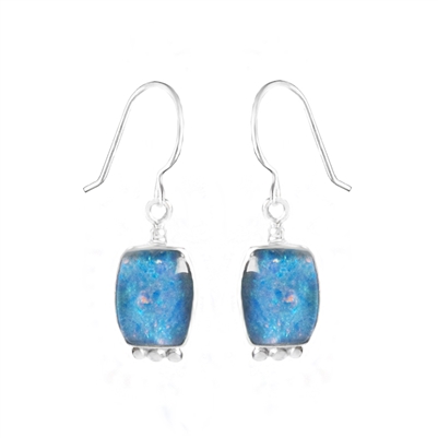 Soft square earrings in sterling silver and opal. Handmade by Great Falls Jewelry.