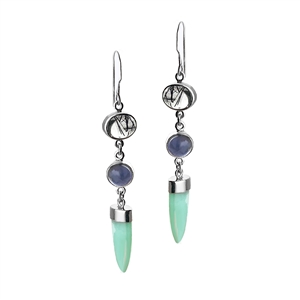 Limited Edition Earrings in black tourmaline quartz, iolite and chrysoprase in sterling silver.