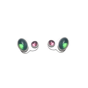 Petite Paint Palette Stud Earrings in Pink and Green Tourmaline