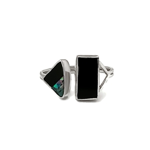 Deco Onyx and Opal Mosaic Ring in Sterling Silver