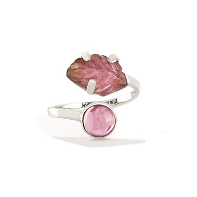 Pink and Green tourmaline carved leaf sterling silver ring