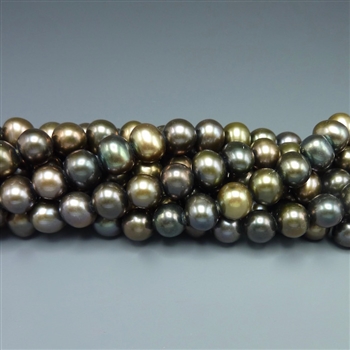 7-8mm round dark olive green fresh water pearls, one 16" strand