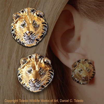 Lion Earrings "Sons of Simba" by wildlife artist and jeweler Daniel C. Toledo, Toledo Wildlife Works of Art