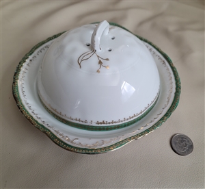 Preowned antique Victoria Austria porcelain lidded muffin butter dish with gold and green decorative trim and scalloped edges