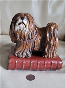 large ceramic lhasa apso dog standing on a book bookend 1970s