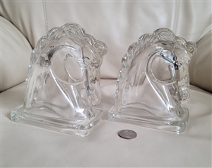 pair of vintage federal glass clear stallion head bookends