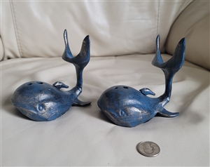 pair of cast iron nautical whale bookends blue and gold finish