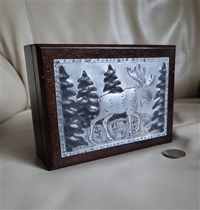 Wooden lidded box with tin Elk lid art