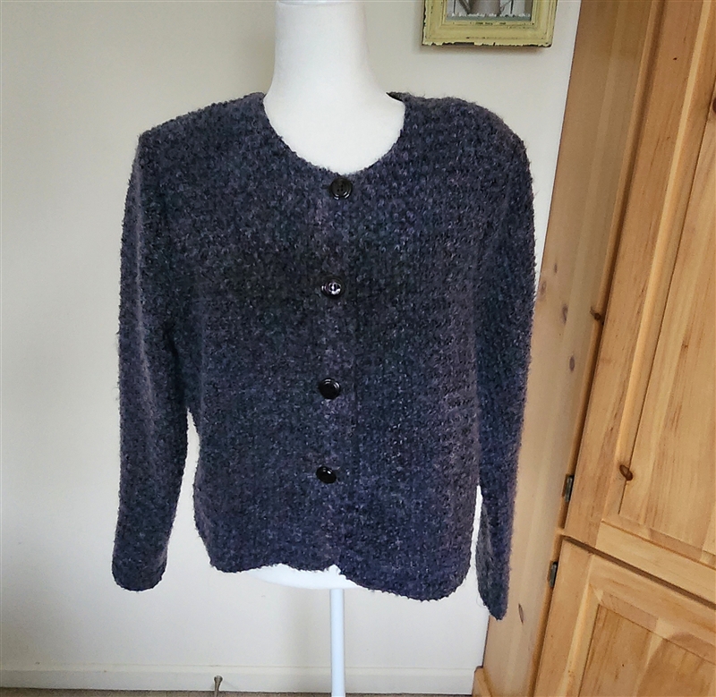 Womens vintage 90s Dress Barn plum blue boucle fuzzy knit cardigan sweater size L