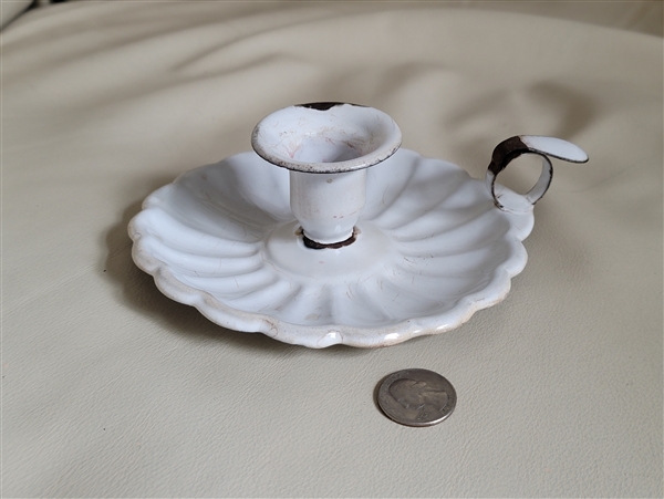 Vintage handcrafted metal single candle holder with round base and enamel  cover. Victorian style design.