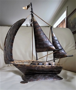 Handcrafted sailboat metal sculpture 15 in tall