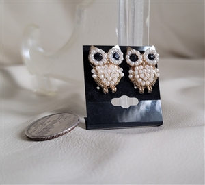 Vintage gold tone owl stud earrings with faux pearl bodies and black bead eyes