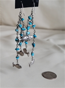 preowned vintage long cascading dangle earrings with turquoise and fish design