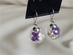 preowned vintage handcrafted glass globe dangle earrings with silver-tone metal and purple floral arrangement