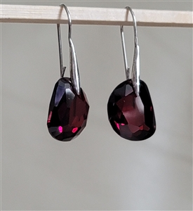 vintage 1990 silver tone drop dangle earrings with burgundy faceted glass