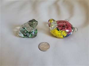Two small solid clear art glass animal figurines frog with millefiori and turtle with multicolored spatter glass interior preowned