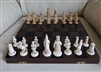 Chess game leather wrapped box Medieval pawns