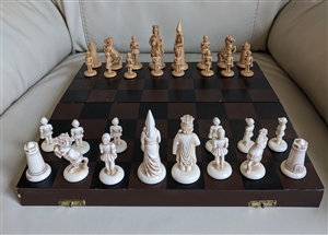 Chess game leather wrapped box Medieval pawns