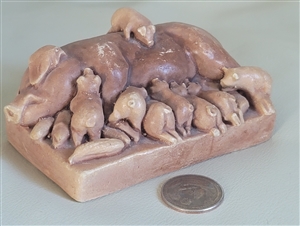 Art soapstone carving pig with piglets sign