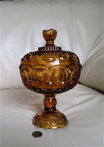 LE Smith lidded compote amber glass Moon and Stars