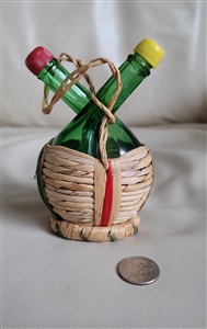 Green glass Cruets set in woven basket Italy