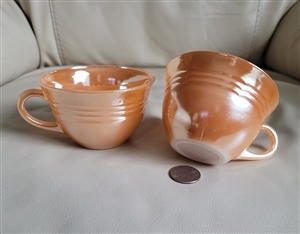 Set of two preowned vintage Anchor Hocking Peach Lustre Three Bands glass teacups