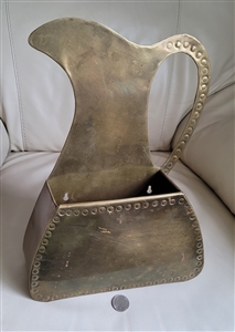 Large vintage brass teapot shaped wall storage shelf with etched floral design