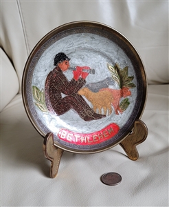 Hand made etched Bethlehem round brass plate elegant handcrafted vintage collectible home decor