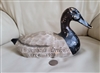 Side view of Canvasback Drake duck decoy replica with engraved text and composite body
Top view showing weathered paint finish on vintage style duck decoy display