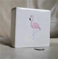 Heavy cream porcelain square block paperweight featuring pink flamingo and green palm leaf designs by Rae Dunn preowned