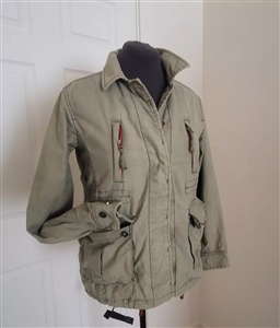 Front view of gap womens size xs green cotton canvas utility jacket with floral lining