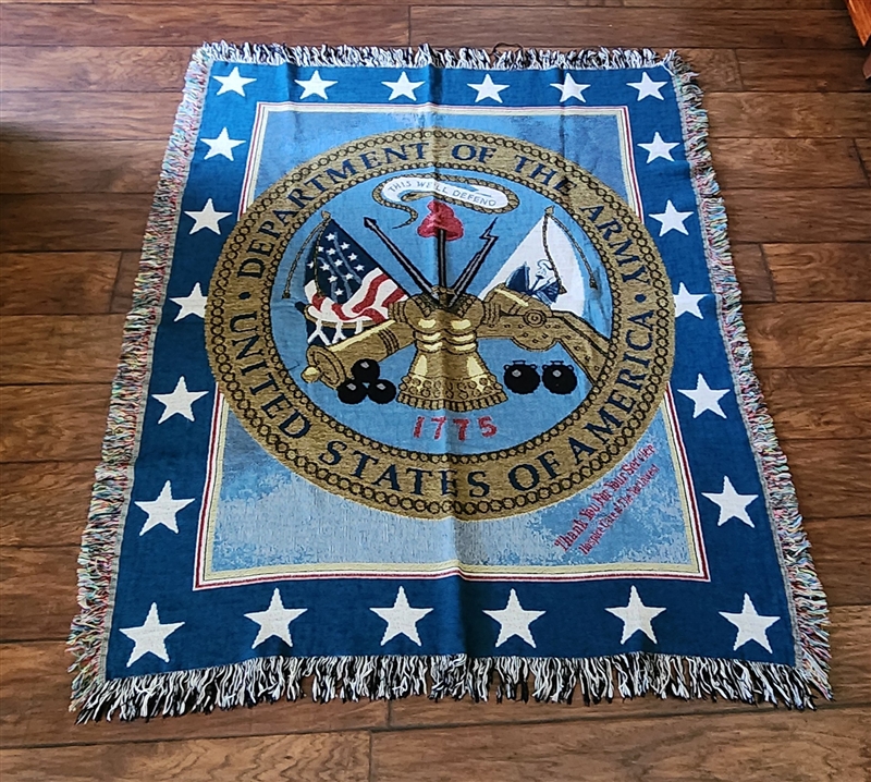 US Department of the Army 1775 woven tapestry throw blanket with Northwest Hospice tribute and fringed edges