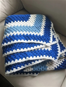 Vintage hand crochet blue and white diamond pattern afghan blanket