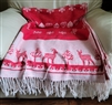 Vintage red and white blanket from Portugal with deer and snowflake motif and fringe