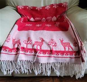 Vintage red and white blanket from Portugal with deer and snowflake motif and fringe