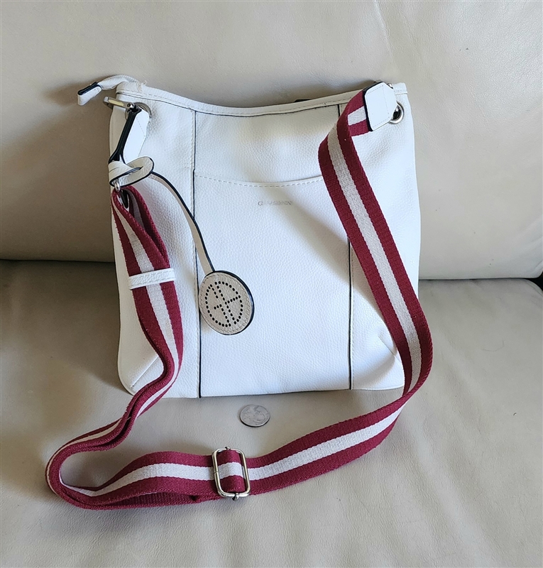 Giani Bernini white leather vertical crossbody bag with burgundy striped strap and silver shackle hardware hooks