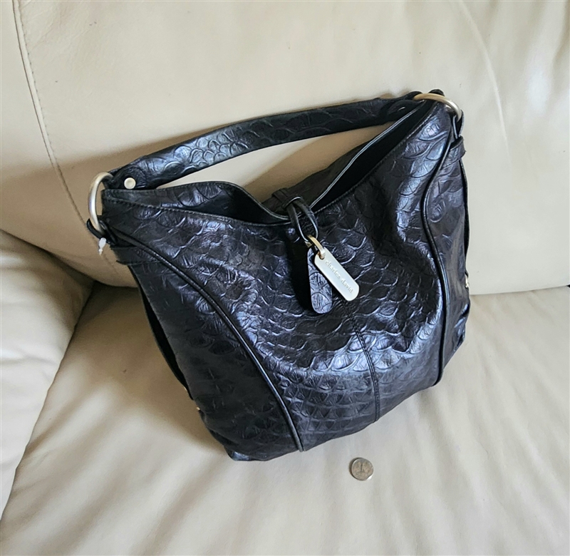 Charles David black scale embossed leather hobo bag with silver tone handle hooks and weighted flip closure