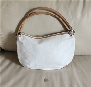 Maxx New York white pebbled leather shoulder bag with tan trim and silver tone hardware