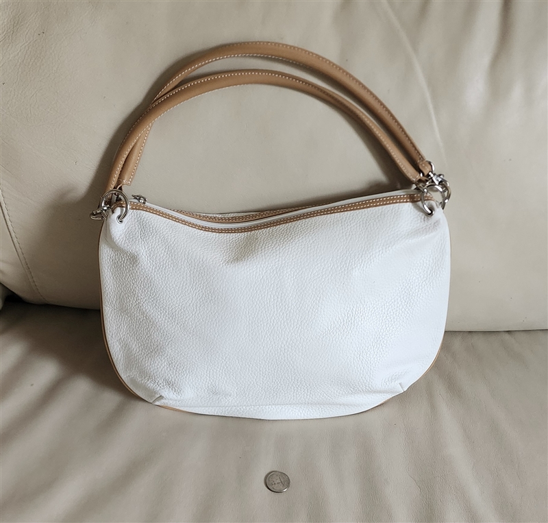 Maxx New York white pebbled leather shoulder bag with tan trim and silver tone hardware