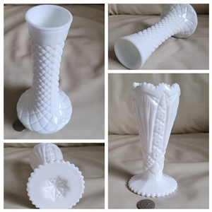 Two milk glass geometric pattern elegant vases