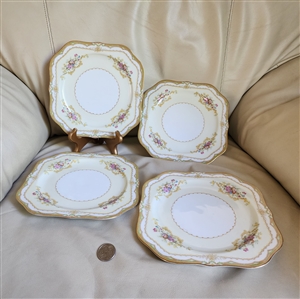 preowned vintage Noritake Muriel white square salad plates set of 4 with gold scroll rim and floral bouquets