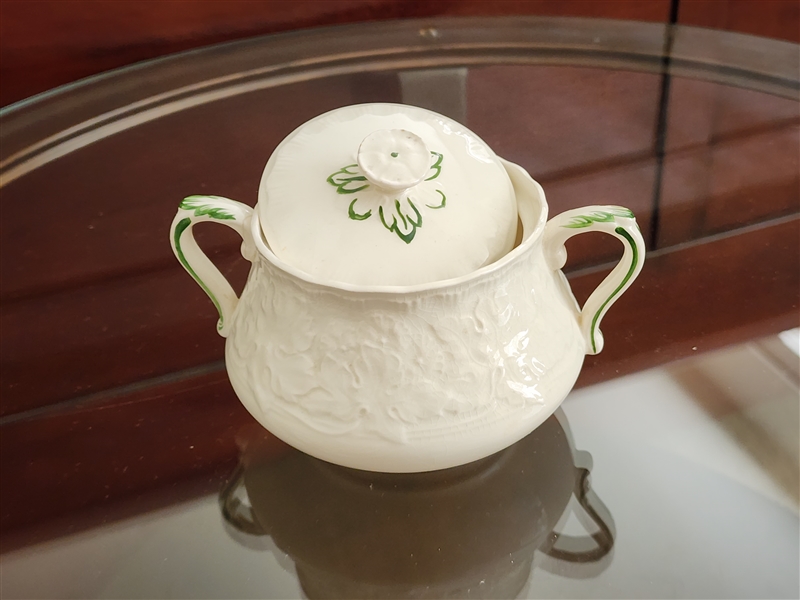 Porcelain lidded sugar bowl embossed leaves with green accents by Alfred Meakin