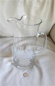 Vintage Toscany Krosno Poland glass pitcher with an etched frosted clipper ship design and nautical flared rim