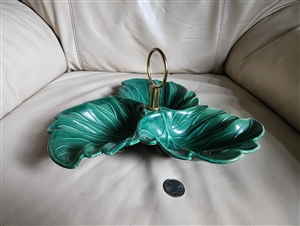 Green ceramic dish USA pottery 3 leaves pattern