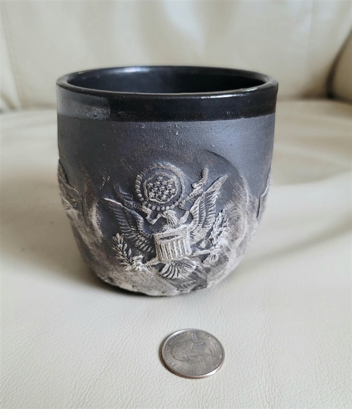 Ehren Tool original hand-thrown ceramic cup featuring United States Eagle Great Seal and veteran photographic transfer