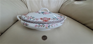 Antique Noritake Berkeley 1912 lidded oval vegetable bowl with side handles and matching lid featuring a central handle and hand-painted floral designs