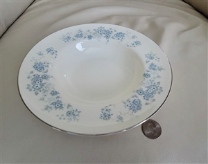 Vintage 1982 Royal Doulton Michelle fine bone china rim soup bowl with blue floral sprays and a polished platinum rim on a cream body