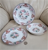 Antique Noritake Berkeley 1912 three piece porcelain set featuring a dinner plate luncheon plate and soup bowl with blue geometric borders and multicolor floral centers