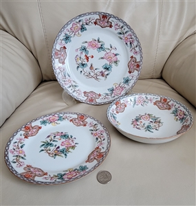 Antique Noritake Berkeley 1912 three piece porcelain set featuring a dinner plate luncheon plate and soup bowl with blue geometric borders and multicolor floral centers