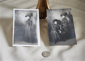 Set of 2 antique real photo postcards of Edwardian women in white lace dresses and hats
